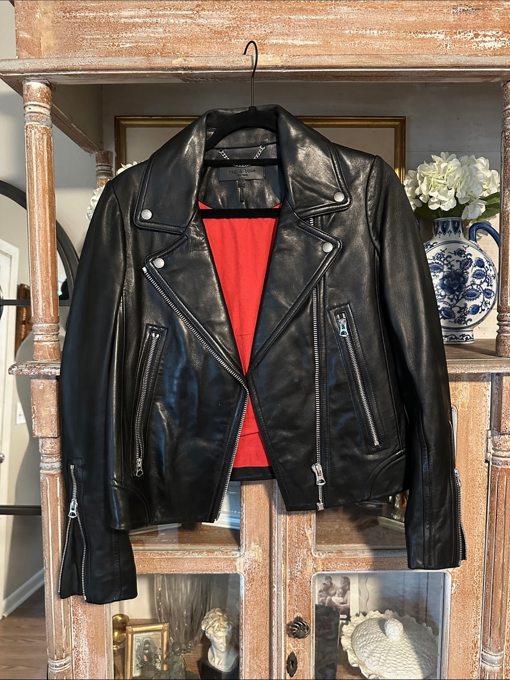 rag & bone Black Lamb Leather Moto Jacket with Red Interior